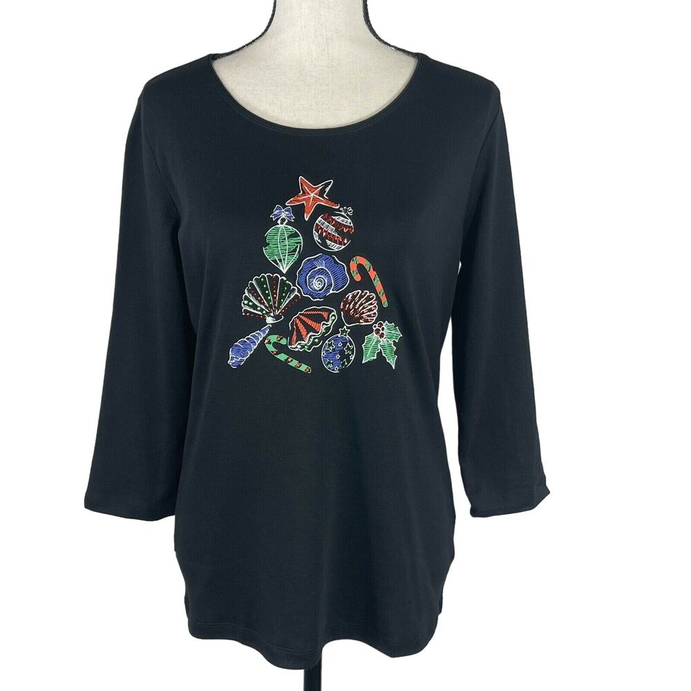 Karen Scott Medium Top Holiday Festive Christmas Sea Shells 3/4 Sleeve Stretch